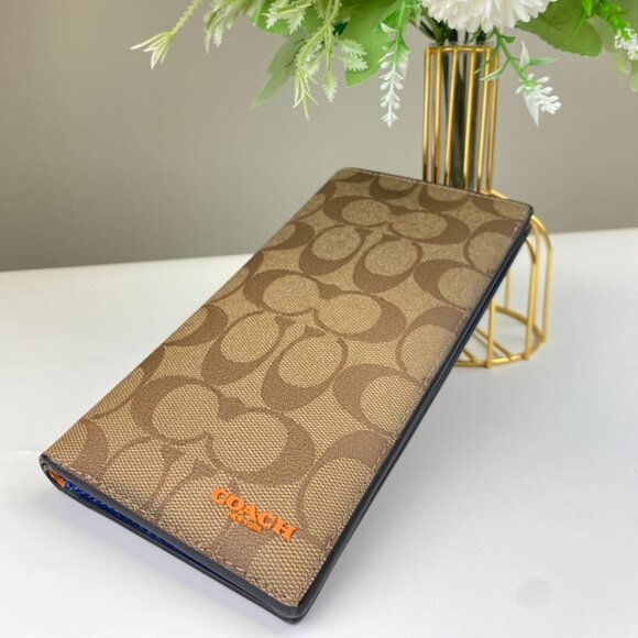 Coach 91645 Slim Passport Colorblock Wallet, Signature Canvas, Blue/Orange/Tan - Picture 1 of 3